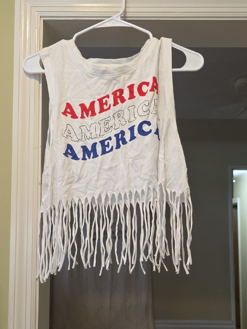 Fringed White Tank Top with Red, Blue & Black 'America' Print
